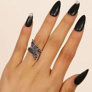 Colorful Rhinestone Ring Silver Plated Cuff Adjustable